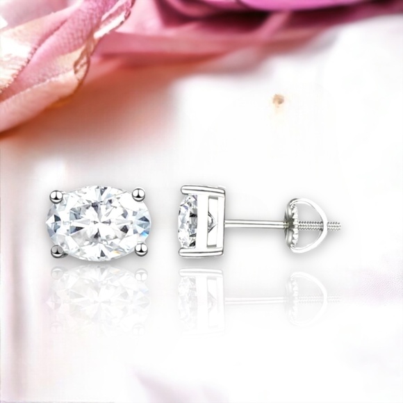 Certified Oval Moissanite Stud Earrings Sterling Silver 925 Screw Backs - Picture 1 of 14
